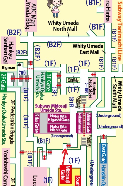 Transfer at JR Osaka Station to Higashi-Umeda Station of the Subway Tanimachi Line