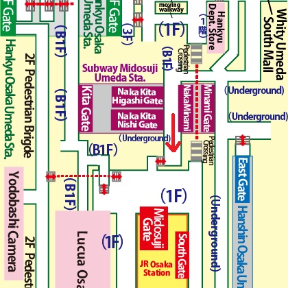 Transfer at Umeda Station of the Subway Midosuji Line to JR Osaka Station