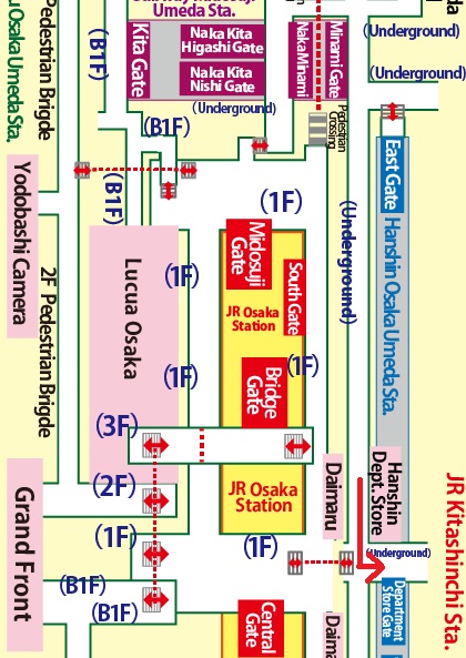 Transfer at Umeda Station of the Subway Midosuji Line to JR Kitashinchi  Station