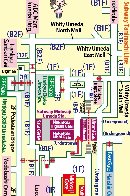 Transfer at JR Osaka Station to Higashi-Umeda Station of the Subway Tanimachi Line