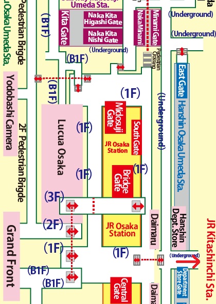 Transfer at Umeda Station of the Subway Midosuji Line to JR Kitashinchi  Station