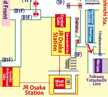 Transfer at JR Osaka Station to Nishi-Umeda Station of the Subway Yotsubashi Line