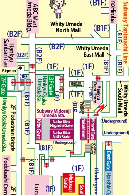 Transfer at JR Osaka Station to Higashi-Umeda Station of the Subway Tanimachi Line