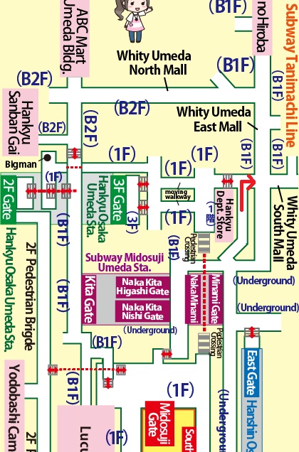 Transfer at JR Osaka Station to Higashi-Umeda Station of the Subway Tanimachi Line