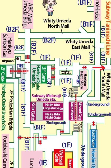 Transfer at JR Osaka Station to Higashi-Umeda Station of the Subway Tanimachi Line