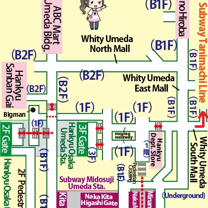 Transfer at Hankyu Osaka-Umeda Station to Higashi-Umeda Station of the Subway Tanimachi Line