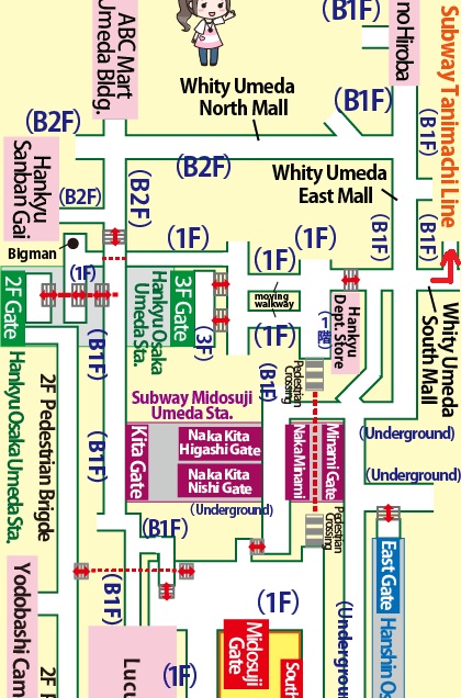 Transfer at JR Osaka Station to Higashi-Umeda Station of the Subway Tanimachi Line