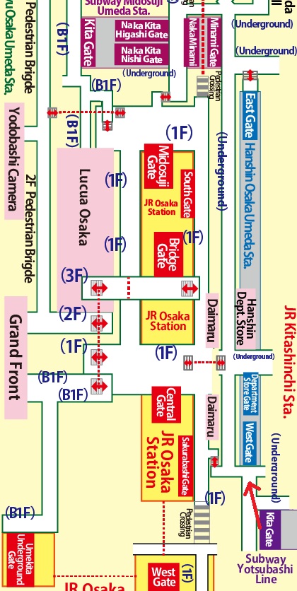 Transfer at Nishi-Umeda Station of the Subway Yotsubashi Line to Umeda Station of the Subway Midosuji Line