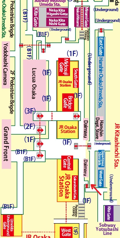 Transfer at Nishi-Umeda Station of the Subway Yotsubashi Line to Umeda Station of the Subway Midosuji Line