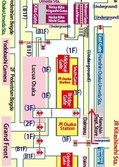 Transfer at JR Kitashinchi Station to Umeda Station on the Subway Midosuji Line