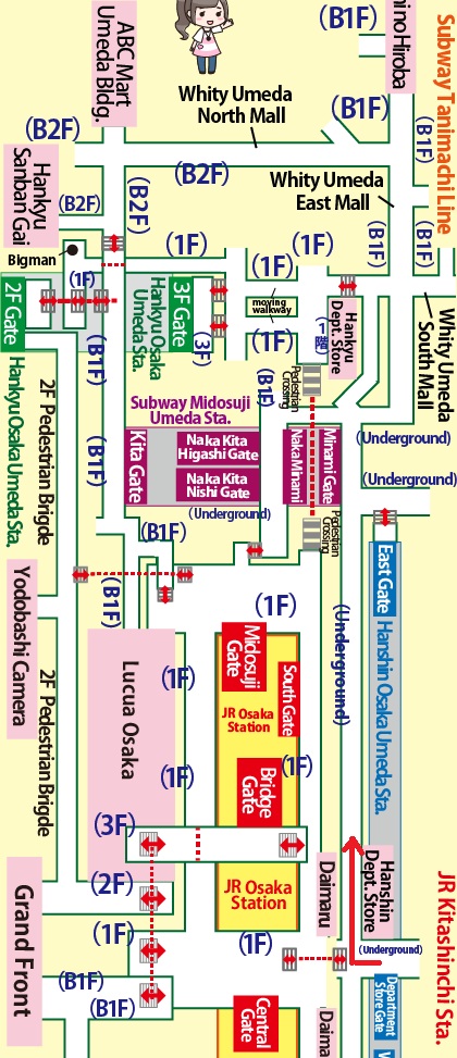 Transfer at JR Kitashinchi Station to Higashi-Umeda Station on the Subway Tanimachi Line