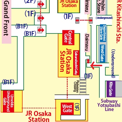 Transfer at Nishi-Umeda Station of the Subway Yotsubashi Line to JR Osaka Station