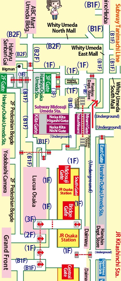 Transfer at JR Kitashinchi Station to Higashi-Umeda Station on the Subway Tanimachi Line