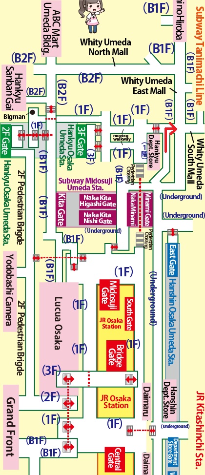 Transfer at JR Kitashinchi Station to Higashi-Umeda Station on the Subway Tanimachi Line