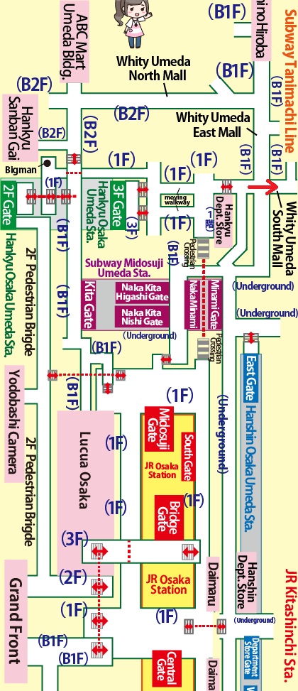 Transfer at JR Kitashinchi Station to Higashi-Umeda Station on the Subway Tanimachi Line