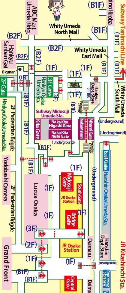 Transfer at JR Kitashinchi Station to Higashi-Umeda Station on the Subway Tanimachi Line