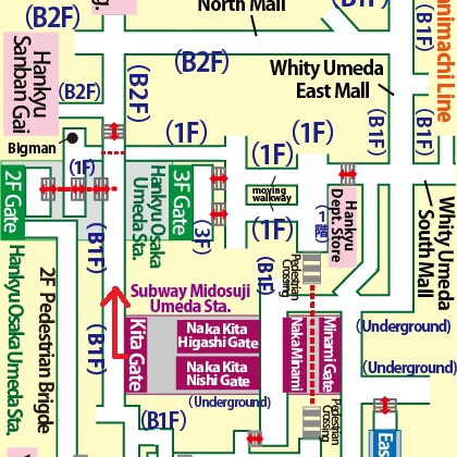 Directions from Umeda Station on the Subway Midosuji Line to Hankyu Sanbangai