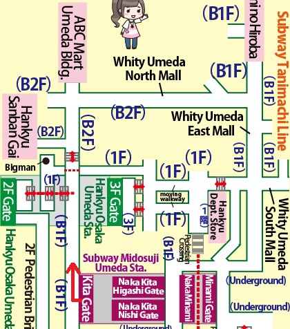 Directions from Umeda Station on the Subway Midosuji Line to Umeda Loft