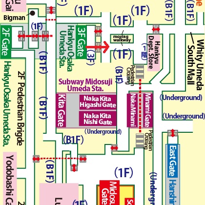 Directions from Hankyu Osaka-Umeda Station to Hanshin Department Store