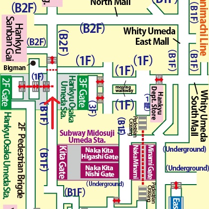 Directions from Umeda Station on the Subway Midosuji Line to Hankyu Sanbangai