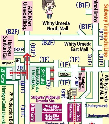 Directions from Umeda Station on the Subway Midosuji Line to Umeda Loft