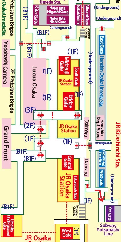 Directions from Umeda Station on the Subway Midosuji Line to Kitte Osaka / JP Tower Osaka