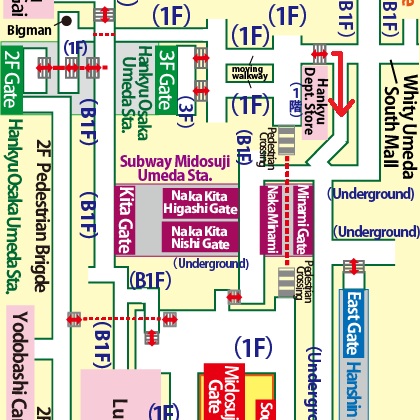 Directions from Hankyu Osaka-Umeda Station to Hanshin Department Store