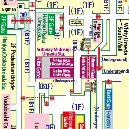 Directions from Hankyu Osaka-Umeda Station to Hanshin Department Store