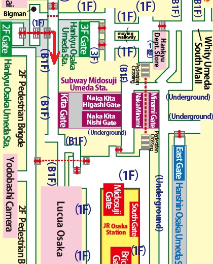 Directions from Hankyu Osaka-Umeda Station to Lucua Osaka