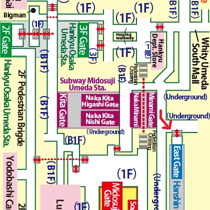 Directions from Hankyu Osaka-Umeda Station to Hanshin Department Store