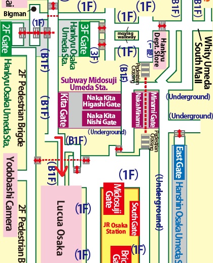 Directions from Hankyu Osaka-Umeda Station to Lucua Osaka